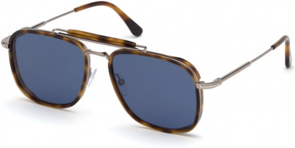 Tom Ford FT0665 Huck Sunglasses, 53V - Shiny Blonde Havana Acetate Rims, Light Ruthenium/ Blue Smoke Lenses