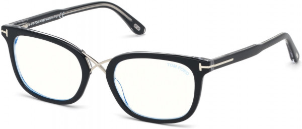 Tom Ford FT5637-B Eyeglasses, 005 - Shiny Black & Crystal, Shiny Palladium/ Blue Block Lenses