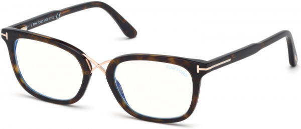 Tom Ford FT5637-B Eyeglasses, 052 - Shiny Classic Dark Havana, Shiny Rose Gold/ Blue Block Lenses
