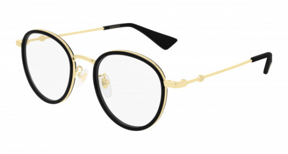 Gucci GG0608OK Eyeglasses, 001 - BLACK with GOLD temples and TRANSPARENT lenses