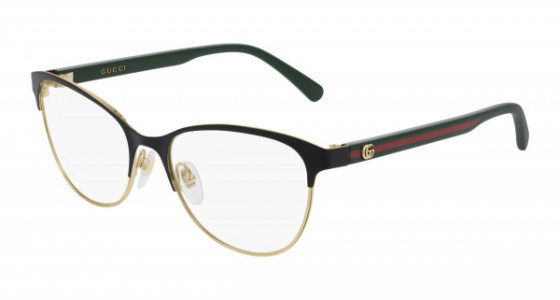 Gucci GG0718O Eyeglasses, 004 - BLACK with GREEN temples and TRANSPARENT lenses