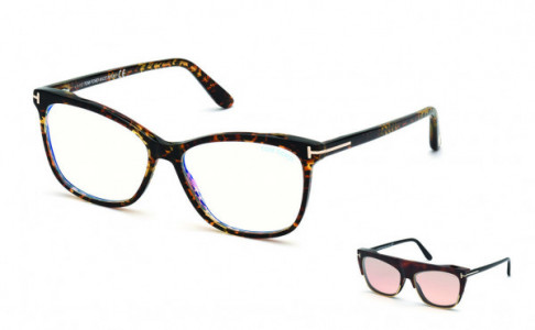 Tom Ford FT5690-B Eyeglasses, 056 - Leopard Havana/ Blue Block Lenses, Black Clip & Smoke-To-Amber Lenses