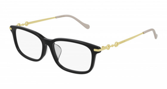 Gucci GG0886OA Eyeglasses, 001 - BLACK with GOLD temples and TRANSPARENT lenses