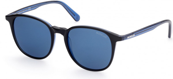 Moncler ML0189-F Luminaire Sunglasses, 92D - Shiny Black & Transparent Navy Blue / Polarized Navy Blue Flash Lenses