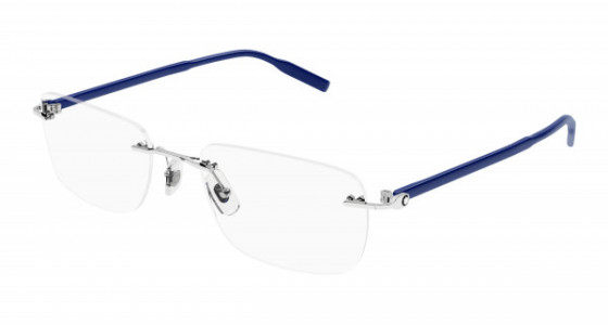 Montblanc MB0221O Eyeglasses, 008 - SILVER with BLUE temples and TRANSPARENT lenses