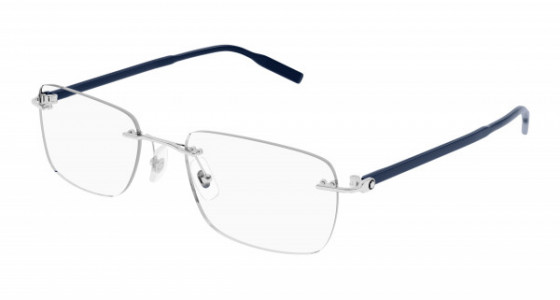 Montblanc MB0221O Eyeglasses, 014 - SILVER with BLUE temples and TRANSPARENT lenses