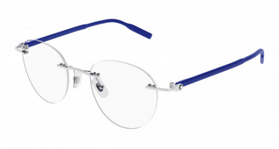 Montblanc MB0224O Eyeglasses, 003 - SILVER with BLUE temples and TRANSPARENT lenses