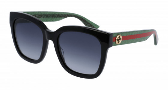 Gucci GG0034SN Sunglasses, 002 - BLACK with GREEN temples and GREY lenses