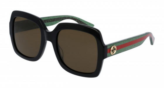 Gucci GG0036SN Sunglasses, 002 - BLACK with GREEN temples and BROWN lenses