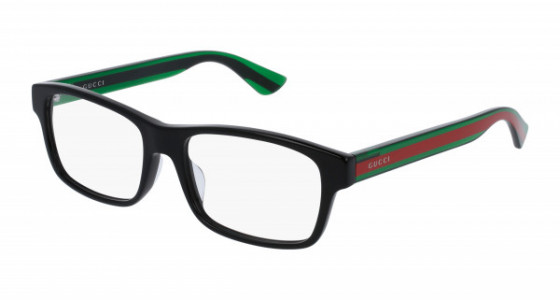 Gucci GG0006OAN Eyeglasses, 002 - BLACK with GREEN temples and TRANSPARENT lenses