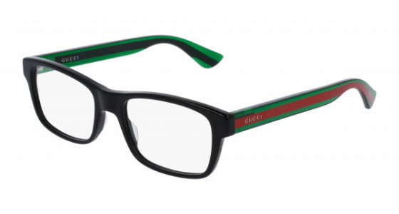 Gucci GG0006ON Eyeglasses, 002 - BLACK with GREEN temples and TRANSPARENT lenses