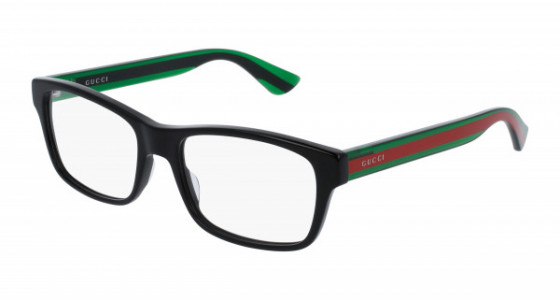 Gucci GG0006ON Eyeglasses, 006 - BLACK with GREEN temples and TRANSPARENT lenses