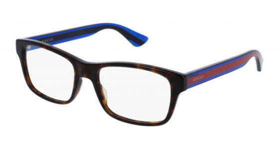 Gucci GG0006ON Eyeglasses, 007 - HAVANA with BLUE temples and TRANSPARENT lenses