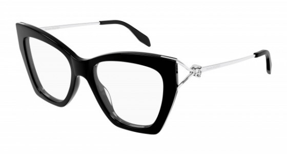 Alexander McQueen AM0376O Eyeglasses, 001 - BLACK with SILVER temples and TRANSPARENT lenses