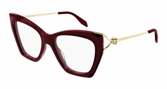 Alexander McQueen AM0376O Eyeglasses, 003 - BURGUNDY with GOLD temples and TRANSPARENT lenses